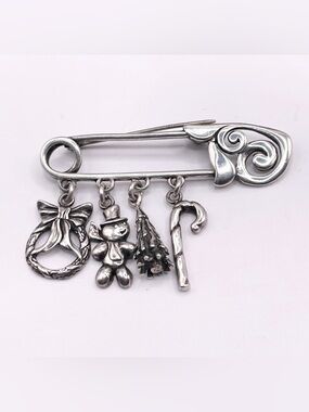 Sterling Silver Holiday Pin Brooch with Wreath, Bear, Tree & Candy Cane